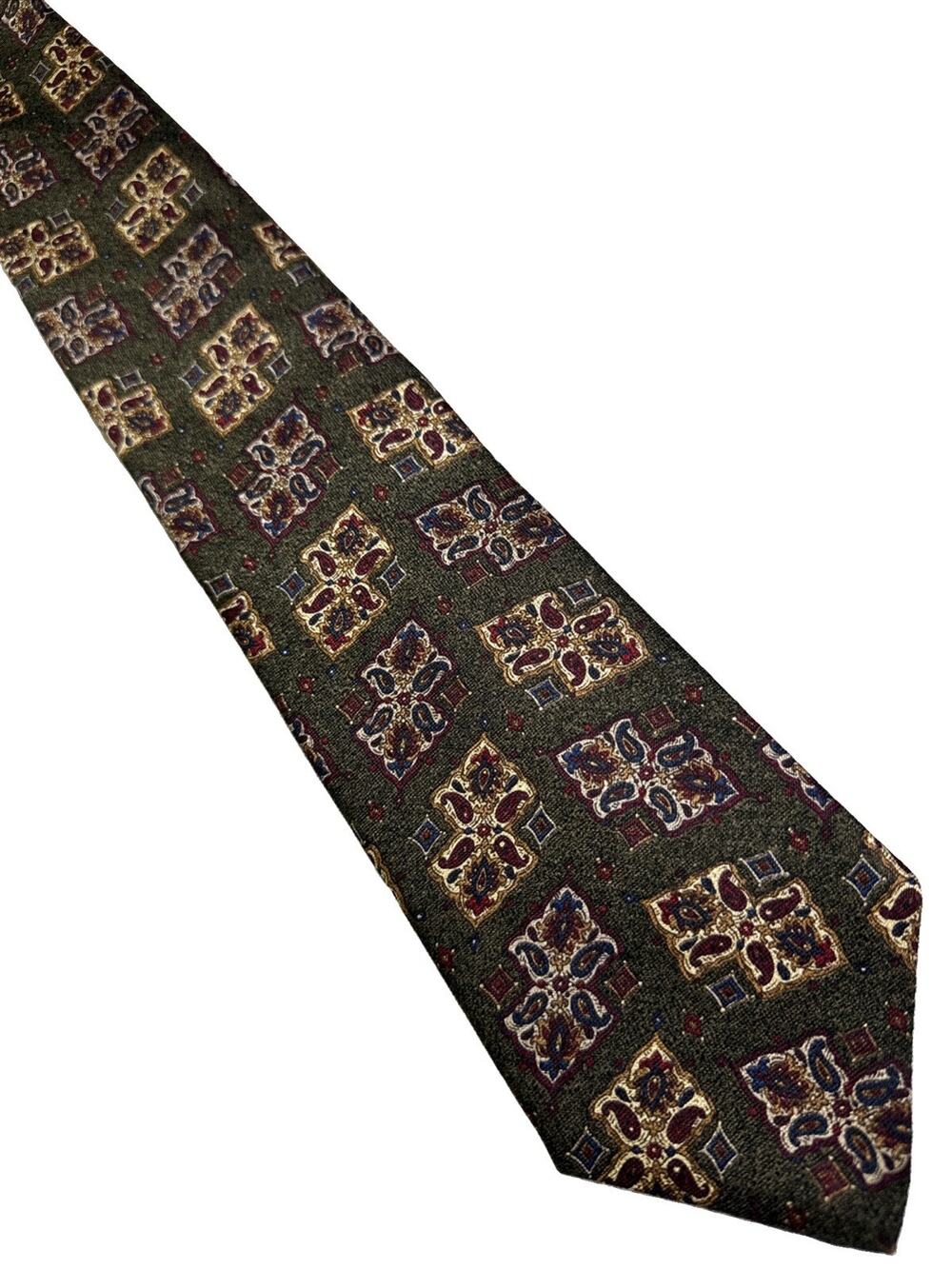 Vintage Parisian Signature 100% Silk Necktie Olive Burgundy Handmade Italy